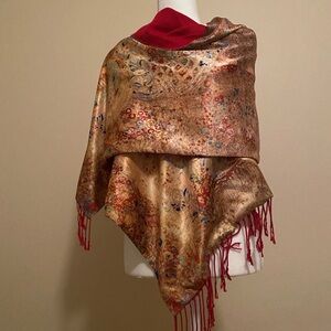 NWT 100% Silk Wrap Shawl Hijab Scarf Gold with Red Fringe